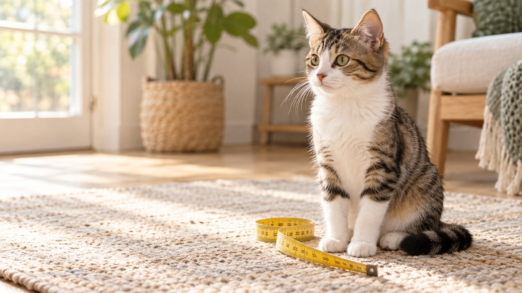 Healthy six-month-old adolescent cat sitting beside a measuring tape