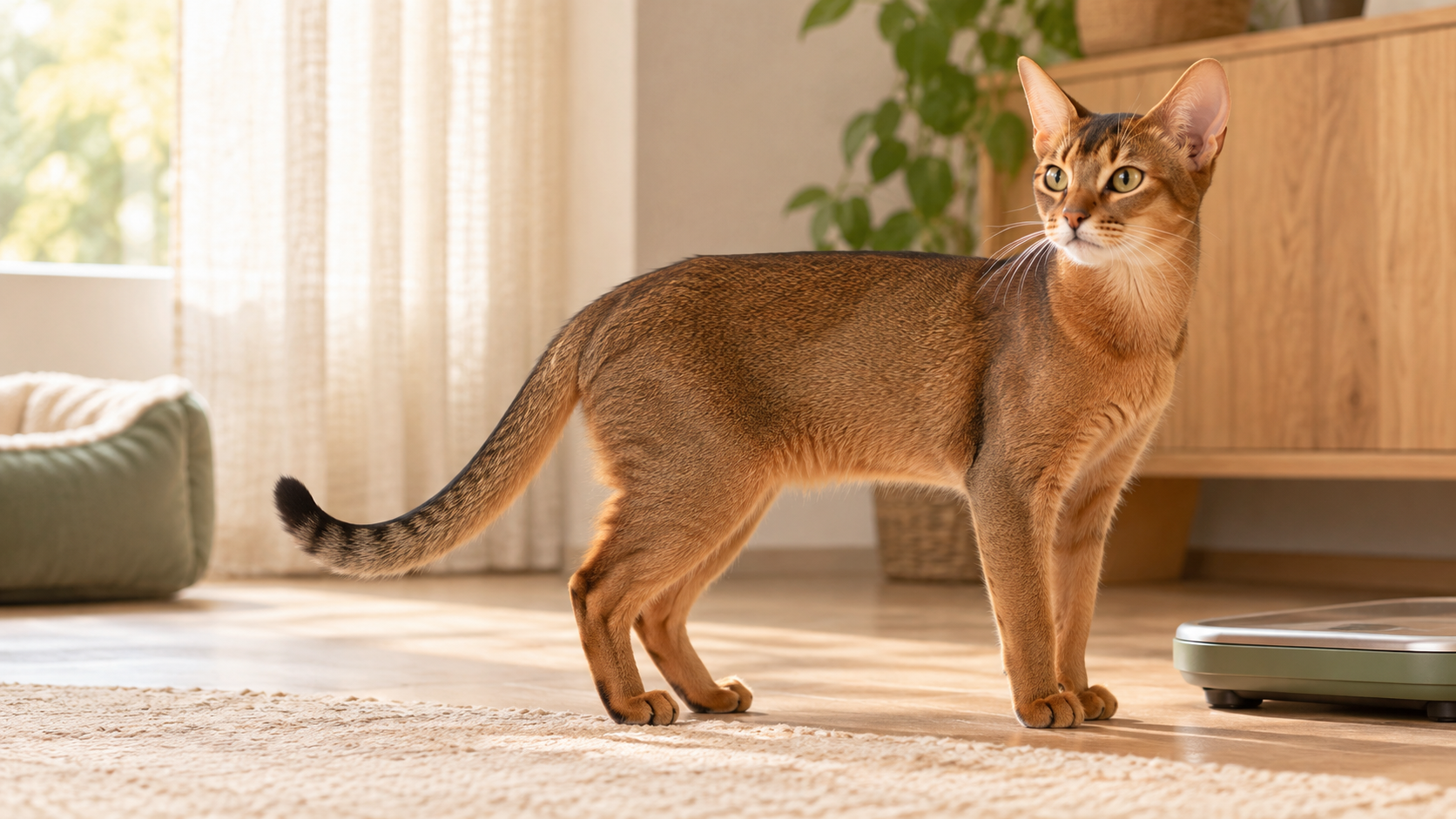 Healthy Abyssinian cat standing beside a pet scale