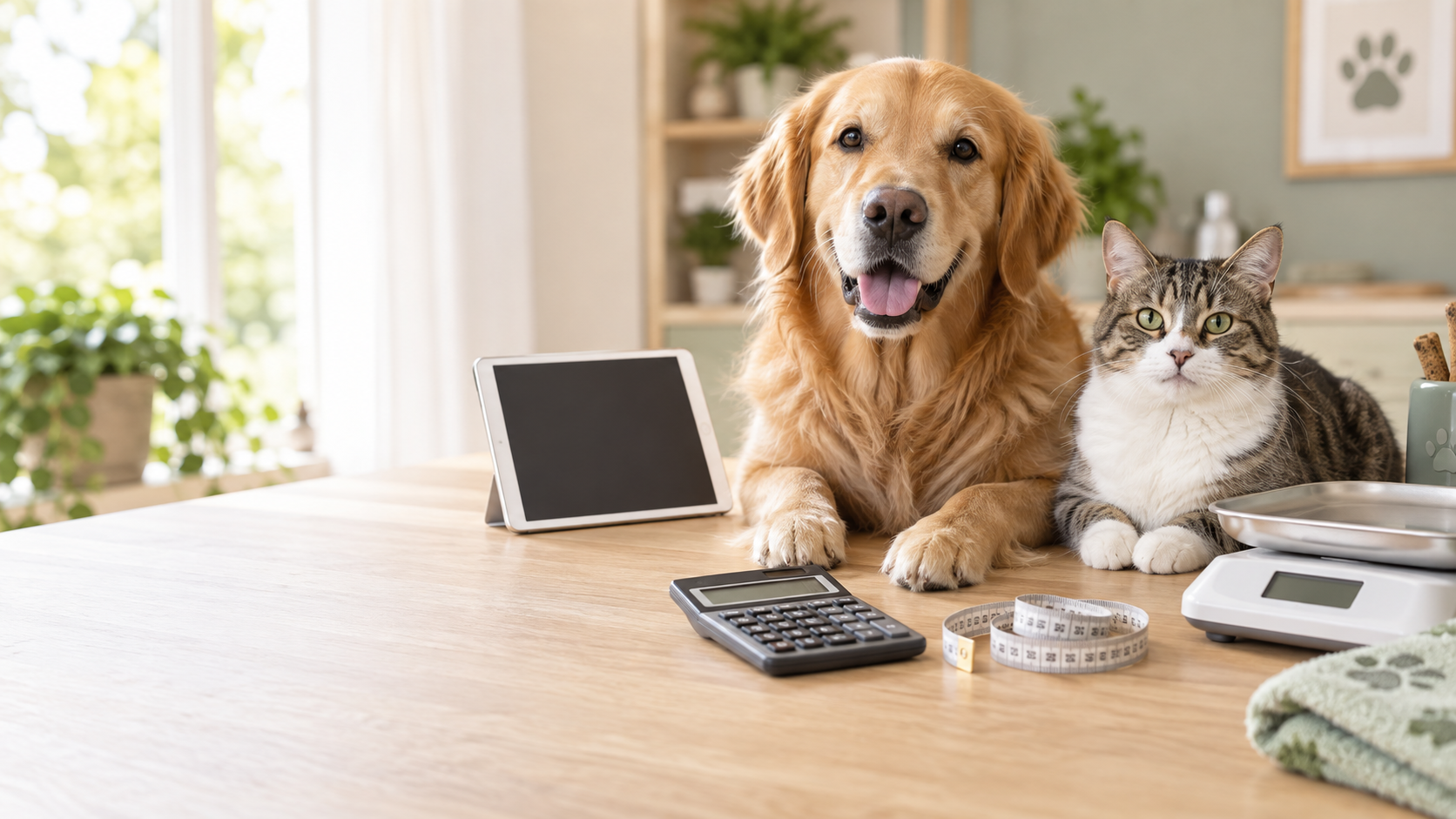 Healthy dog and cat beside a calculator, measuring tape, tablet, and pet scale