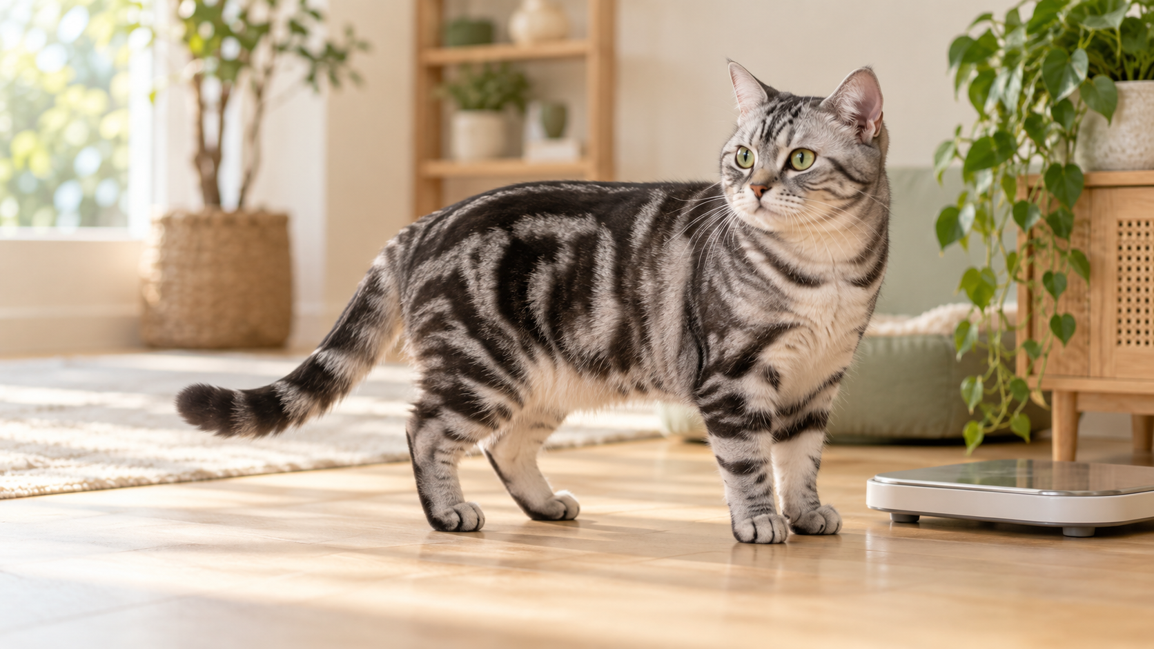 Healthy American Shorthair cat standing beside a pet scale