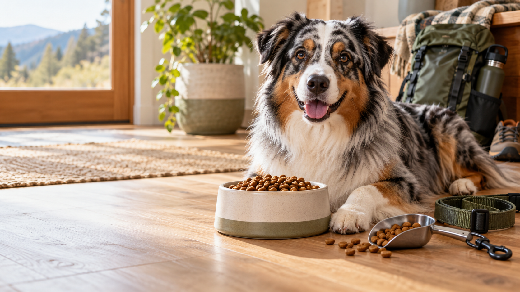 Pet-care scene illustrating Dog Food for Australian Shepherds: How to Choose the Right Diet