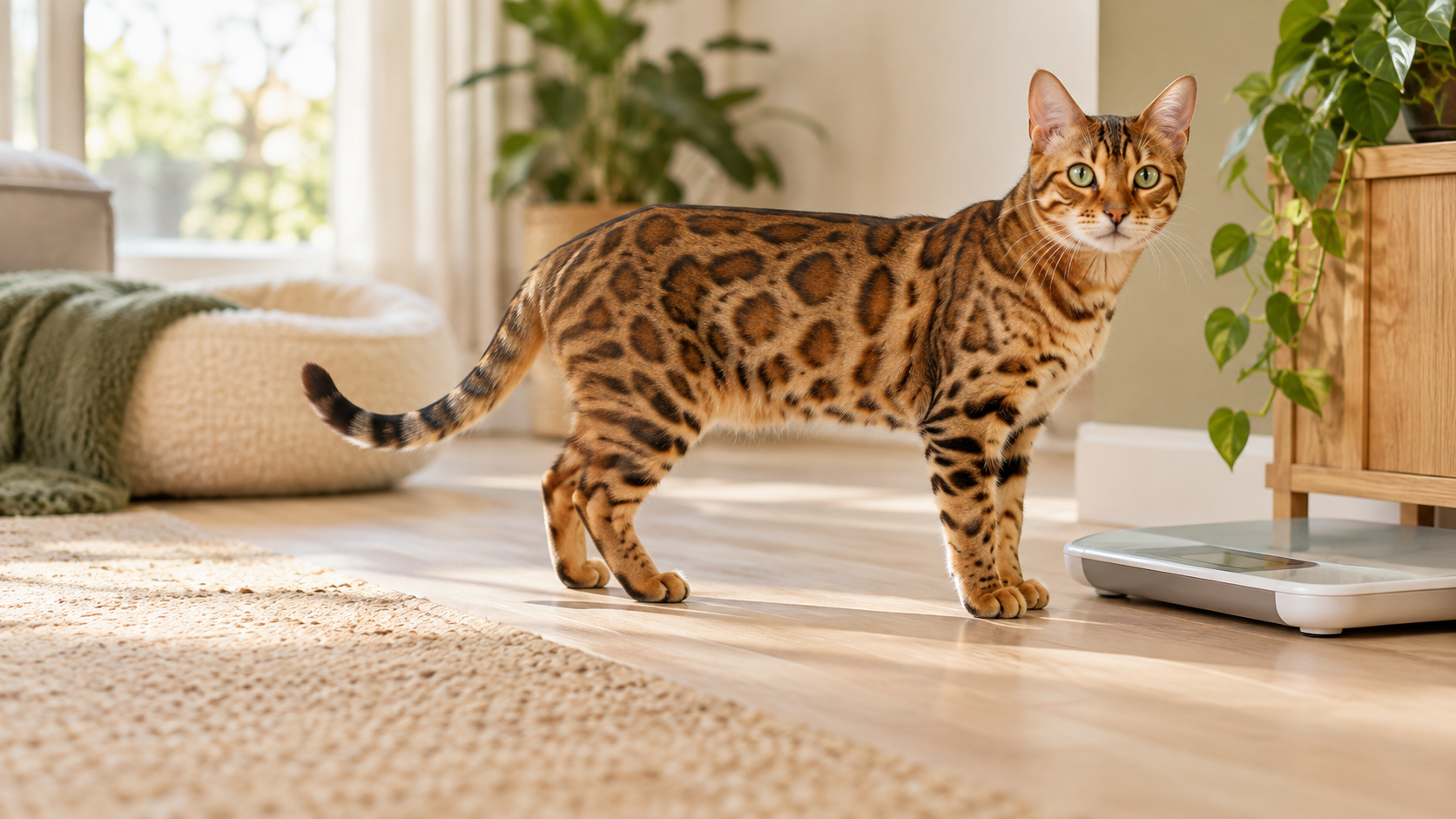 Healthy spotted Bengal cat standing beside a pet scale