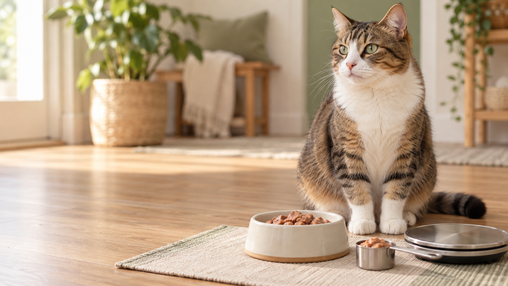 Healthy cat beside a measured food portion and pet scale