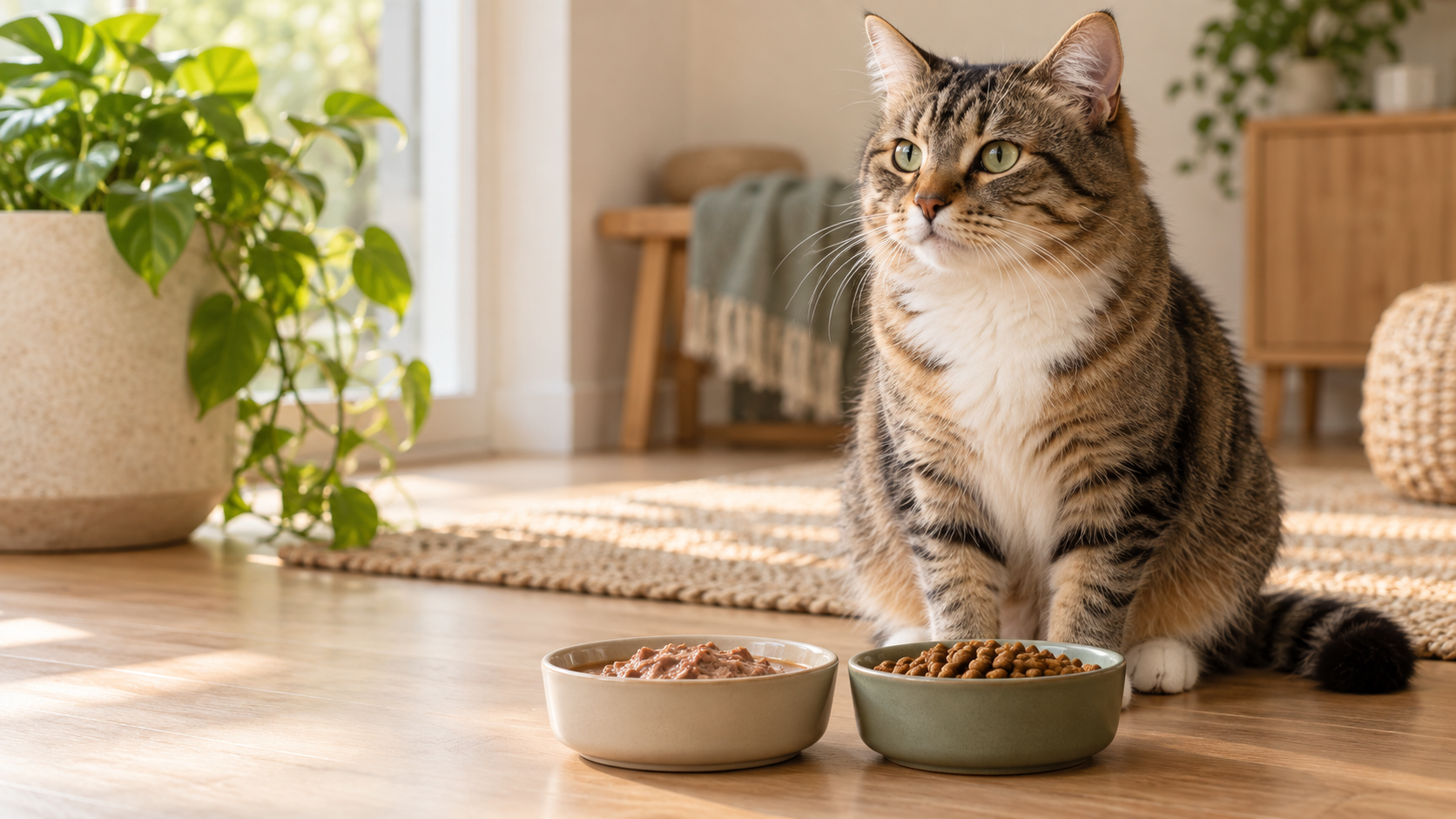 Healthy cat beside unbranded bowls of wet and dry cat food