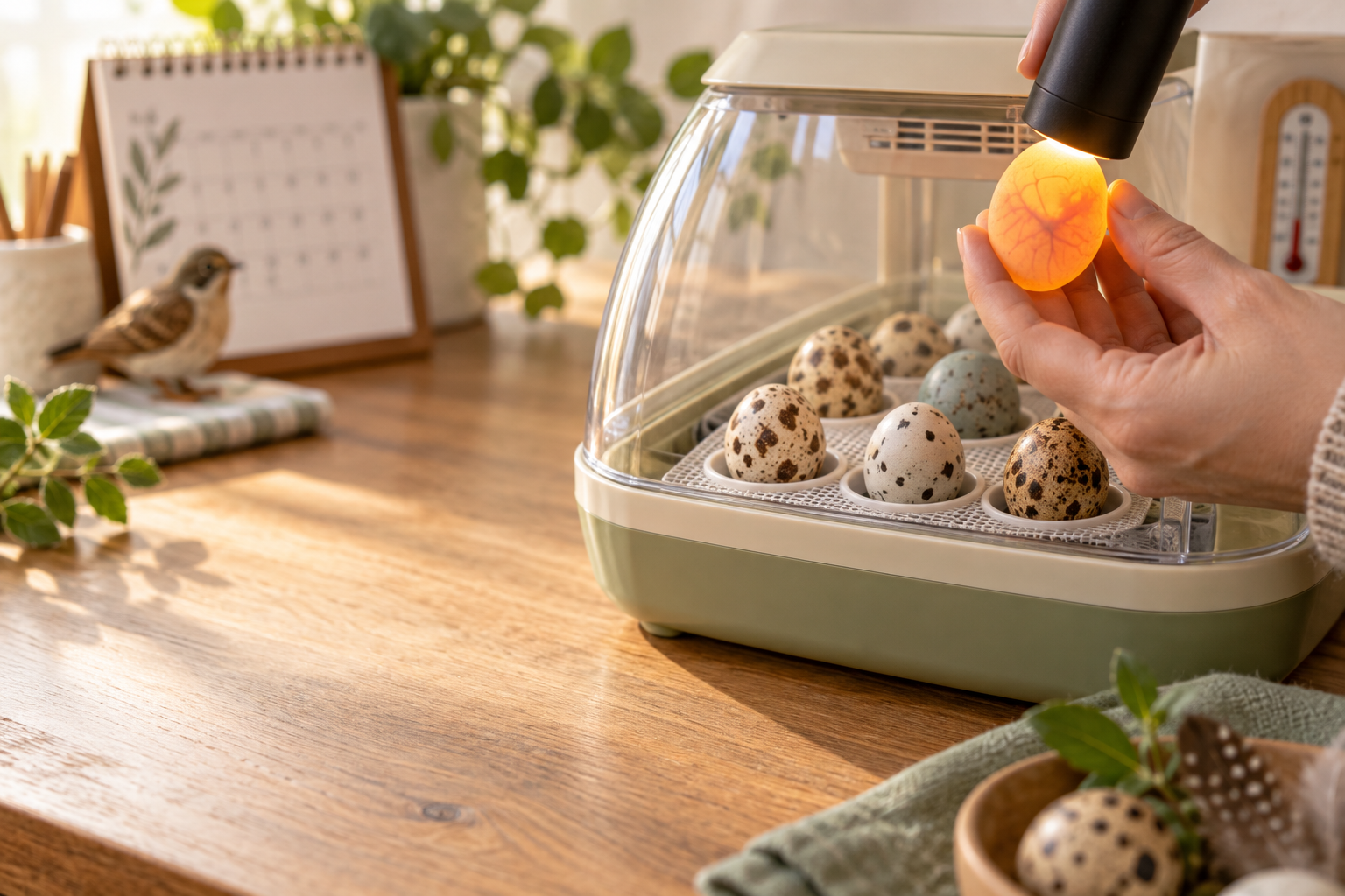 Bird egg being carefully candled beside a tabletop incubator and calendar