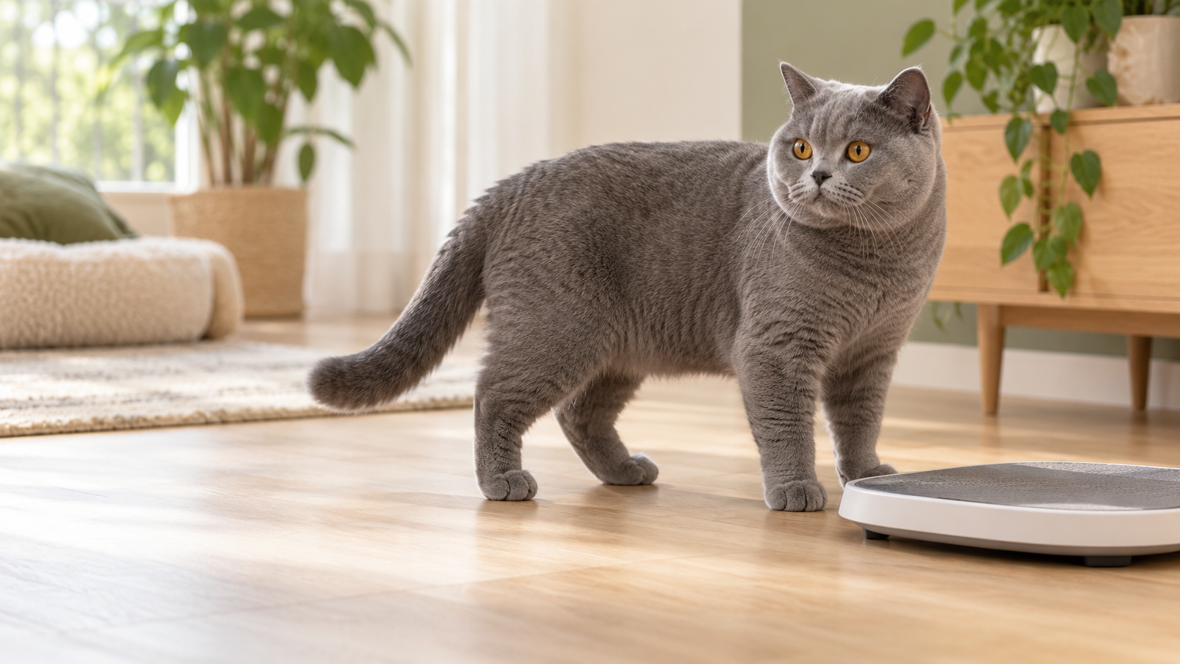 Healthy blue-gray British Shorthair standing beside a pet scale