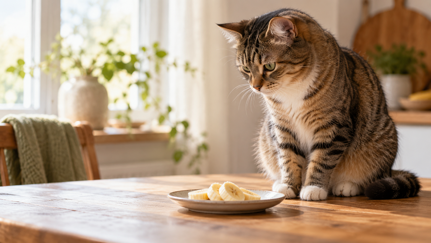 Curious tabby cat beside a small plate of plain banana slices
