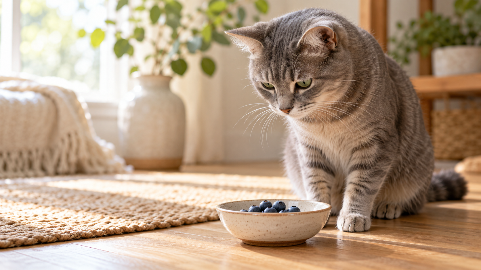 Gray cat beside a small ceramic dish containing fresh blueberries
