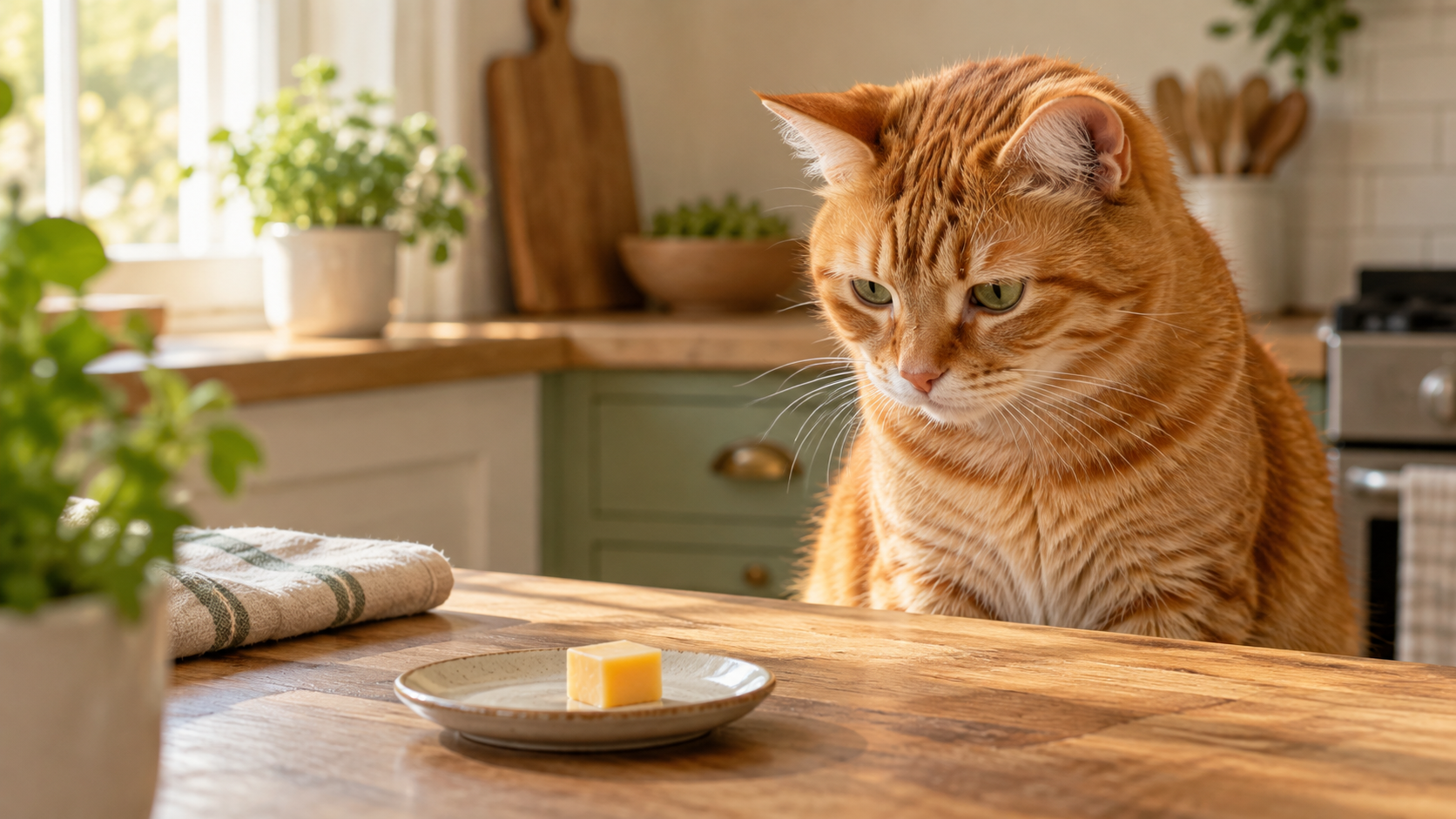 Orange cat looking toward a tiny cube of plain cheese on a plate