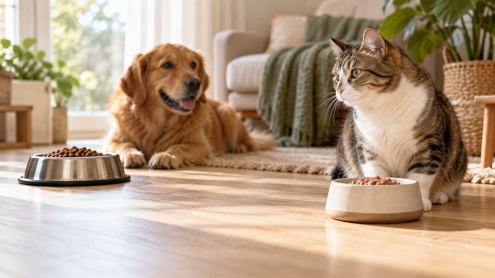 Cat beside separate unbranded cat-food and dog-food bowls