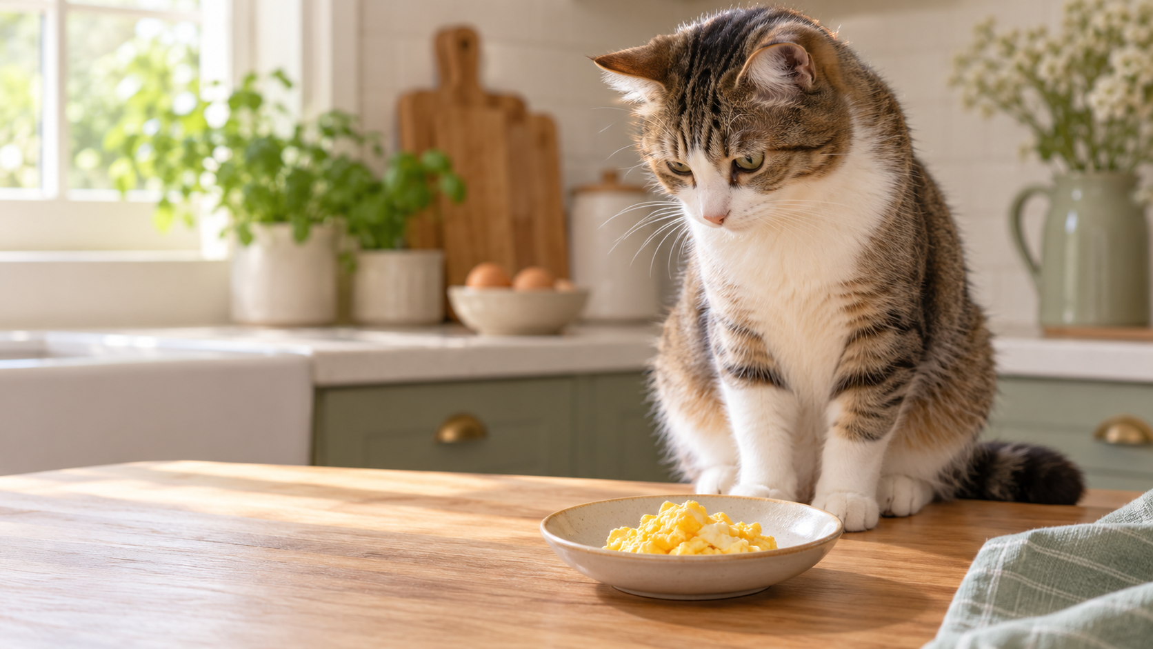 Cat beside a small dish of plain cooked egg