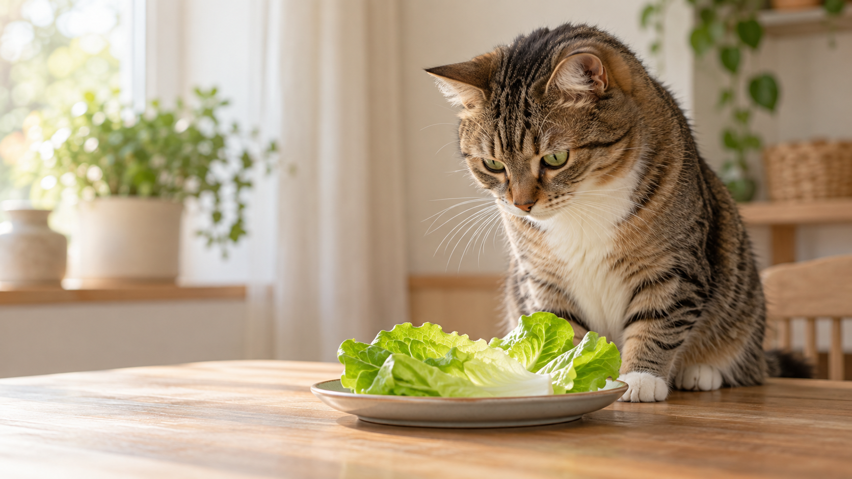 Curious cat beside a small plate of plain fresh lettuce
