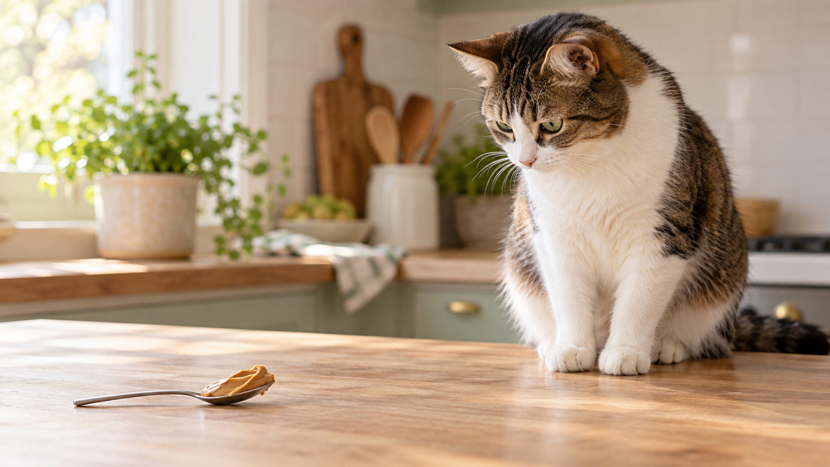 Cat observing a tiny smear of peanut butter on a spoon placed safely away