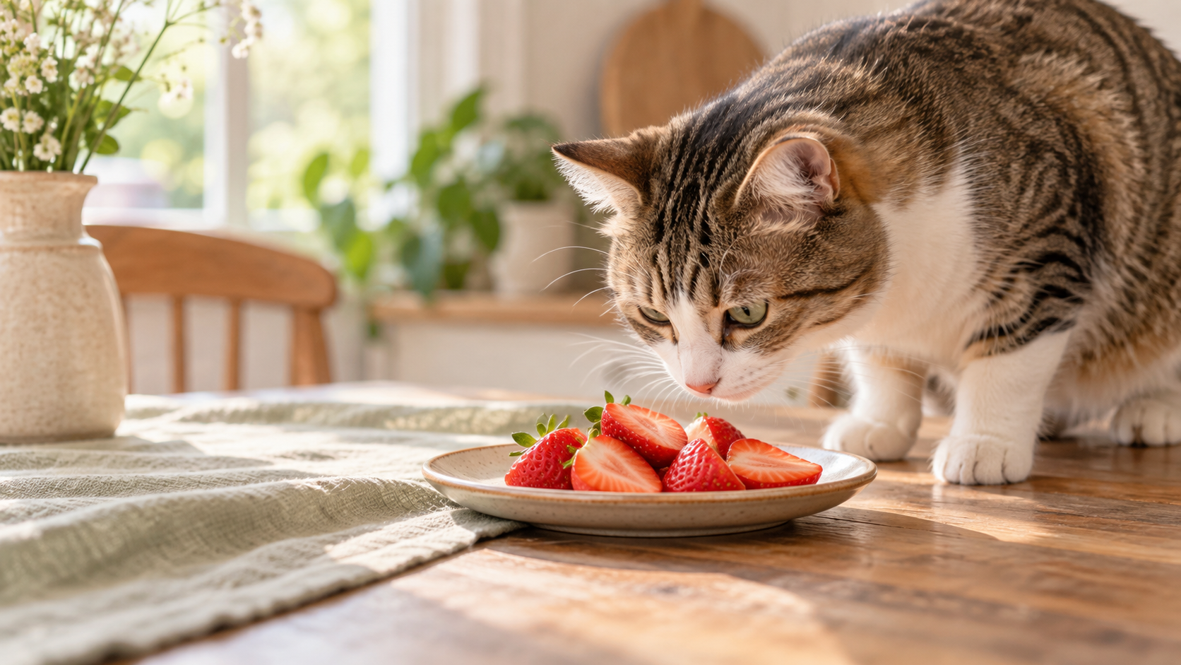 Curious cat beside a small plate of sliced strawberries