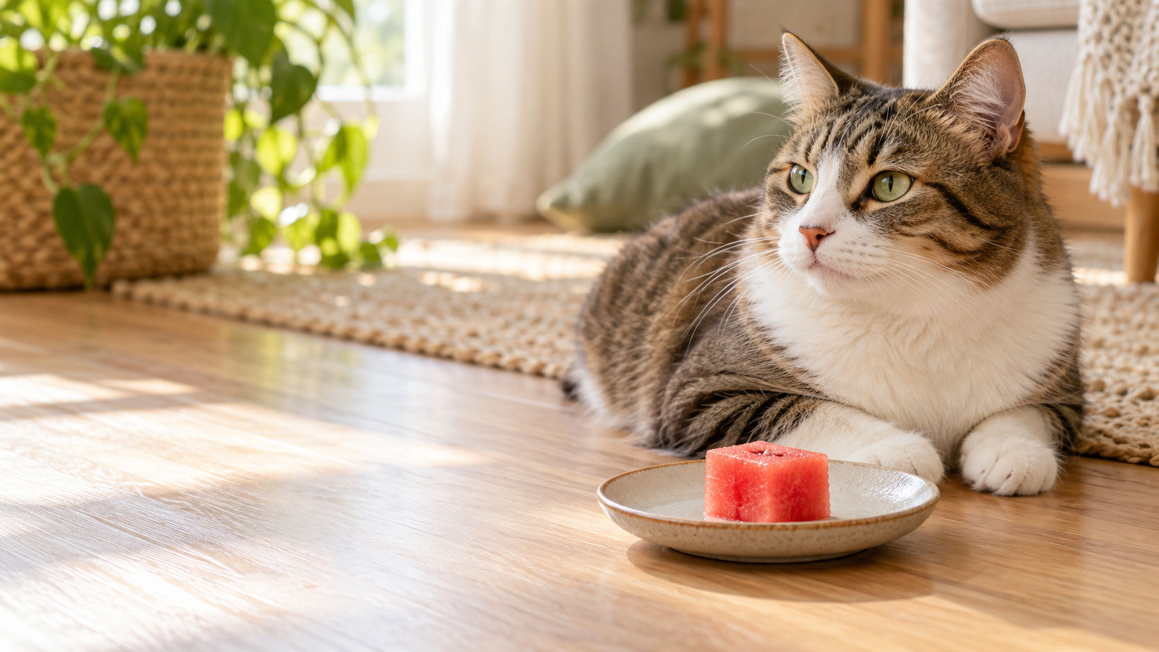 Cat beside a small seedless watermelon cube on a ceramic plate