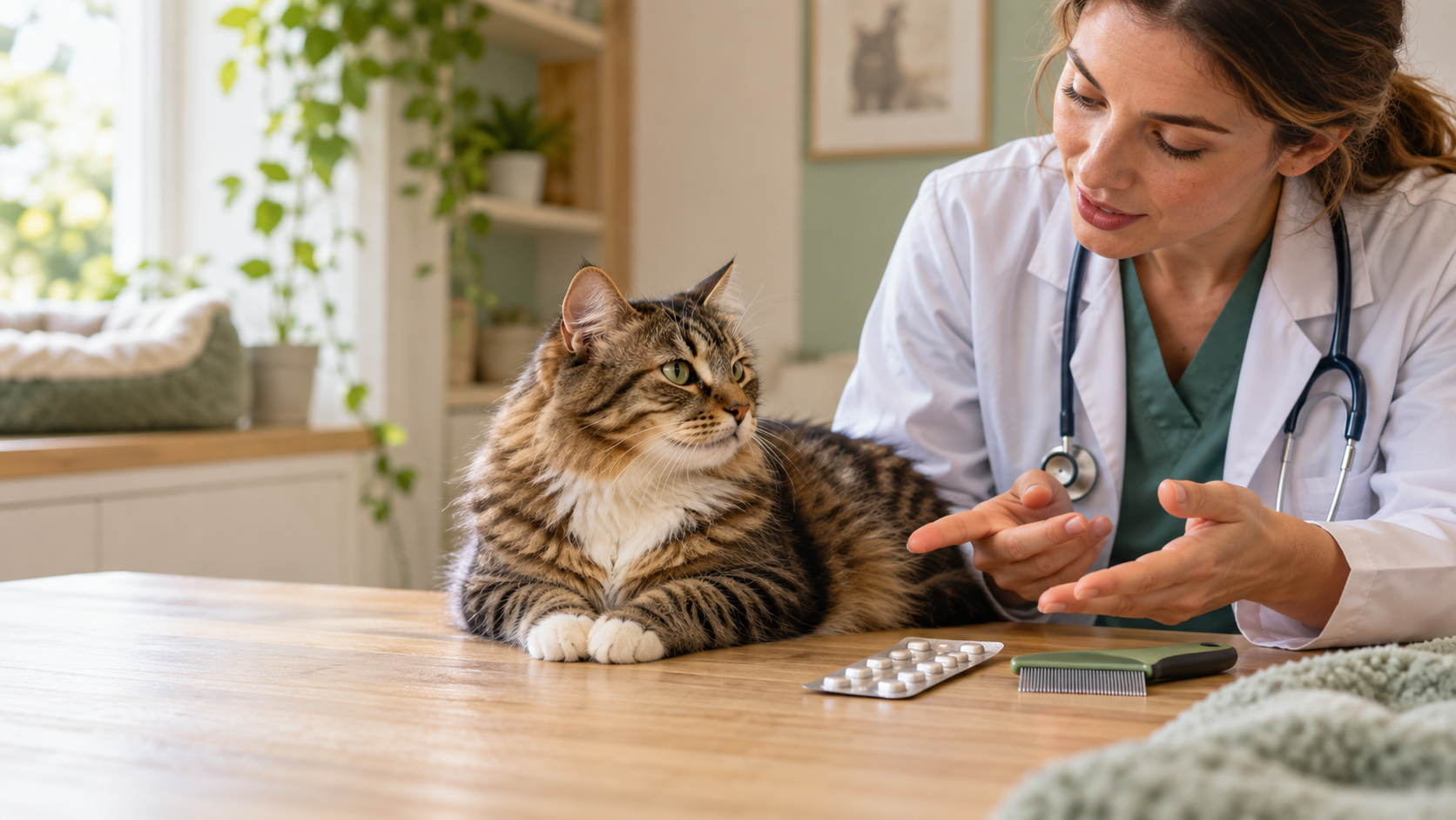Cat beside an unlabeled flea-treatment blister and flea comb during a veterinary consultation