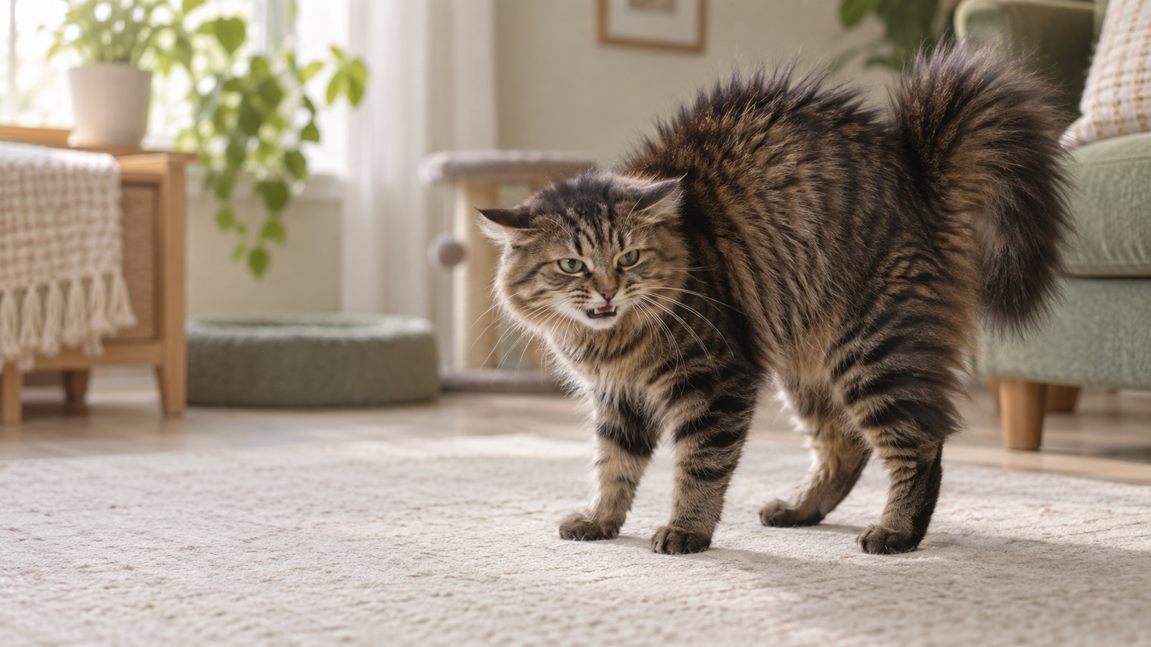 Wary cat displaying defensive body language with flattened ears and a puffed tail