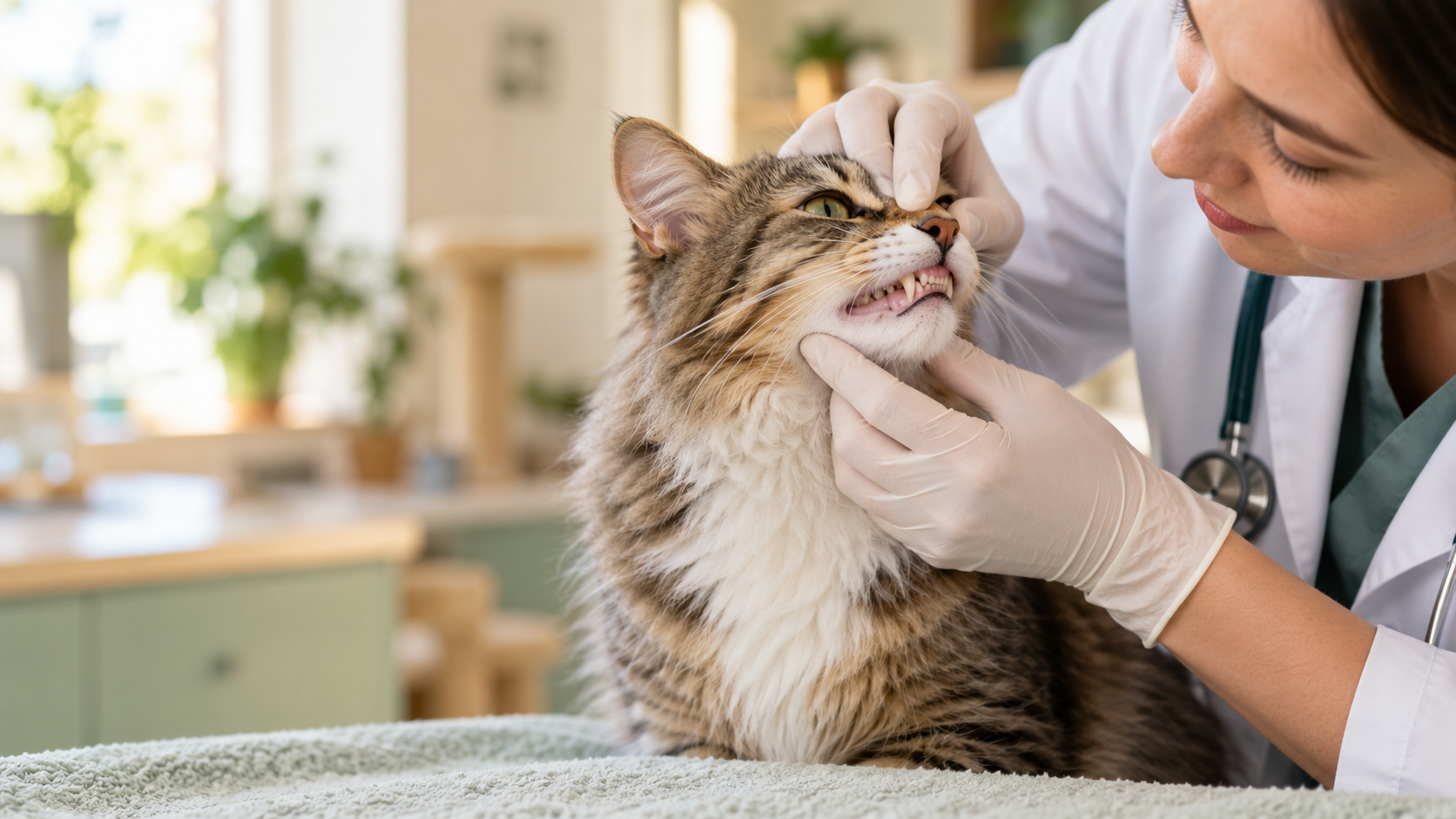 Veterinarian gently inspecting a cat teeth and gums during a dental check