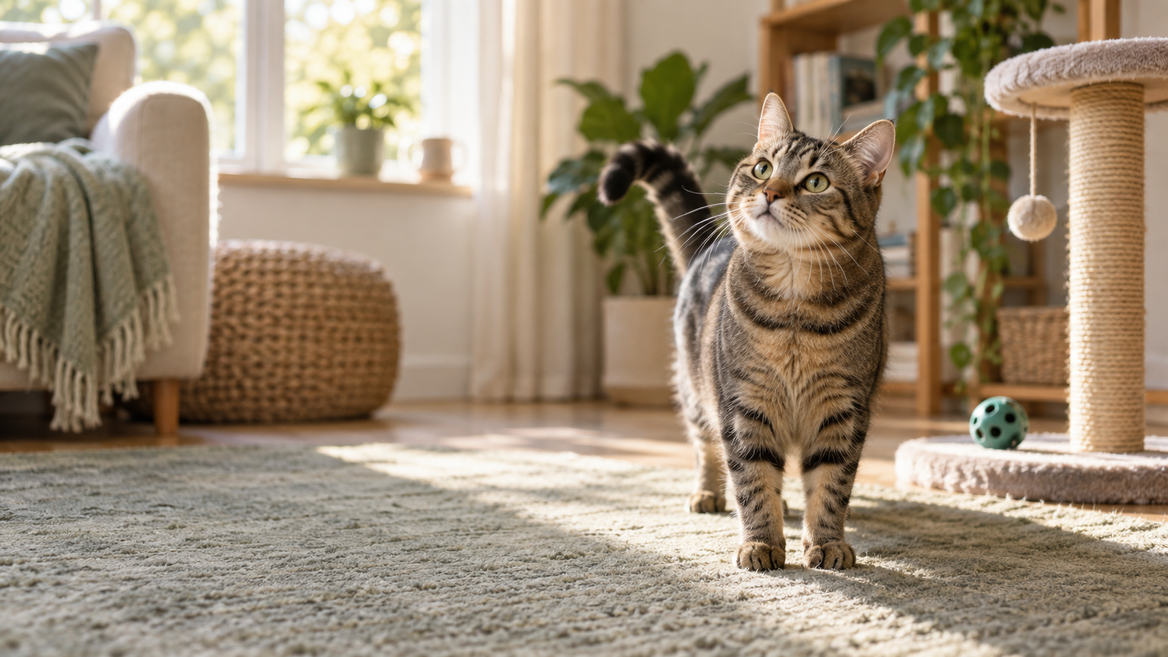 Alert tabby cat showing relaxed body language beside enrichment toys in a calm home