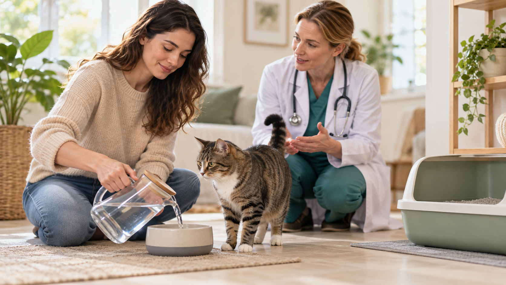 Cat beside a clean litter box while its owner refreshes water