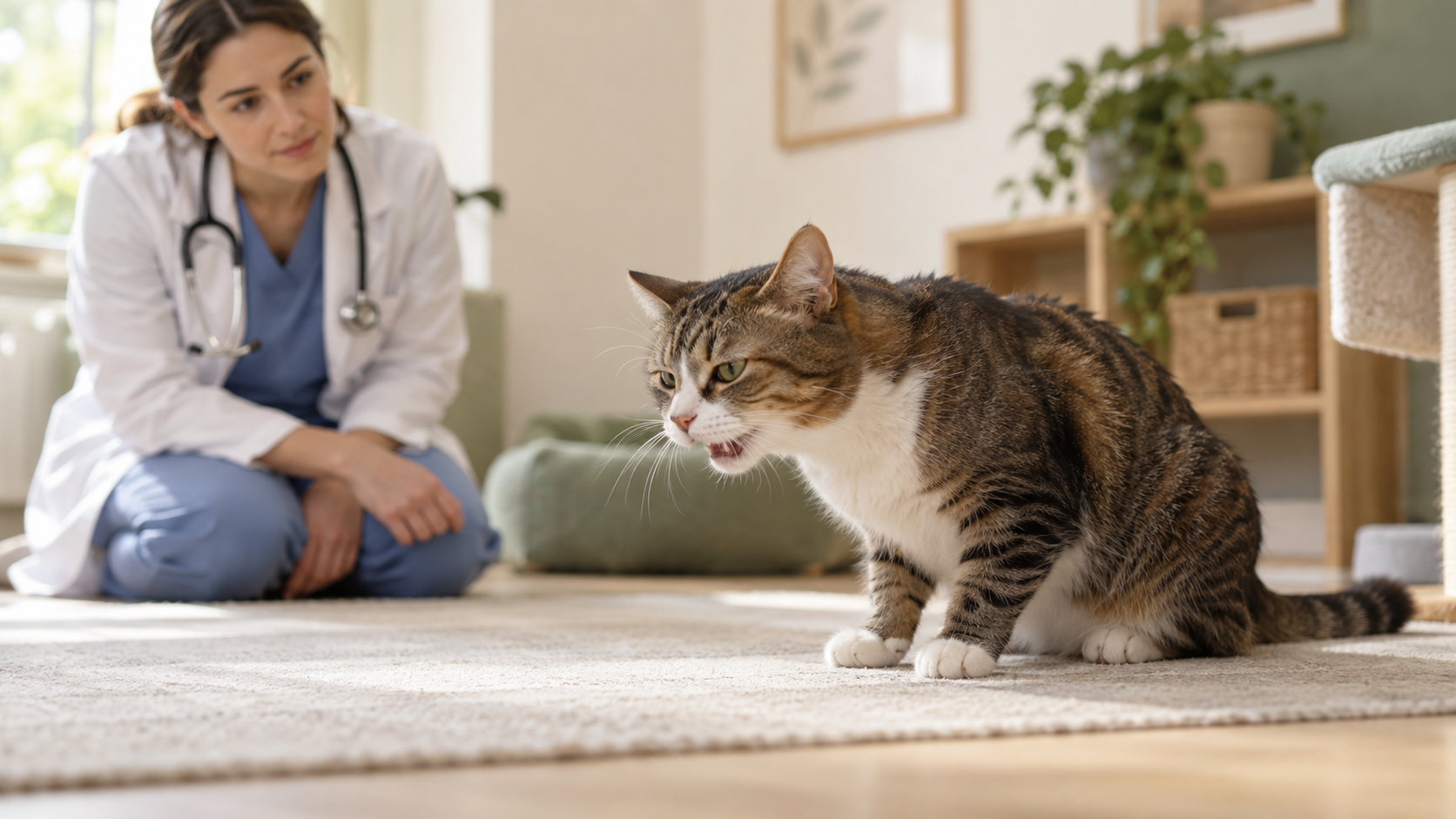 Cat in a low crouch with its neck extended during a cough while a veterinarian observes