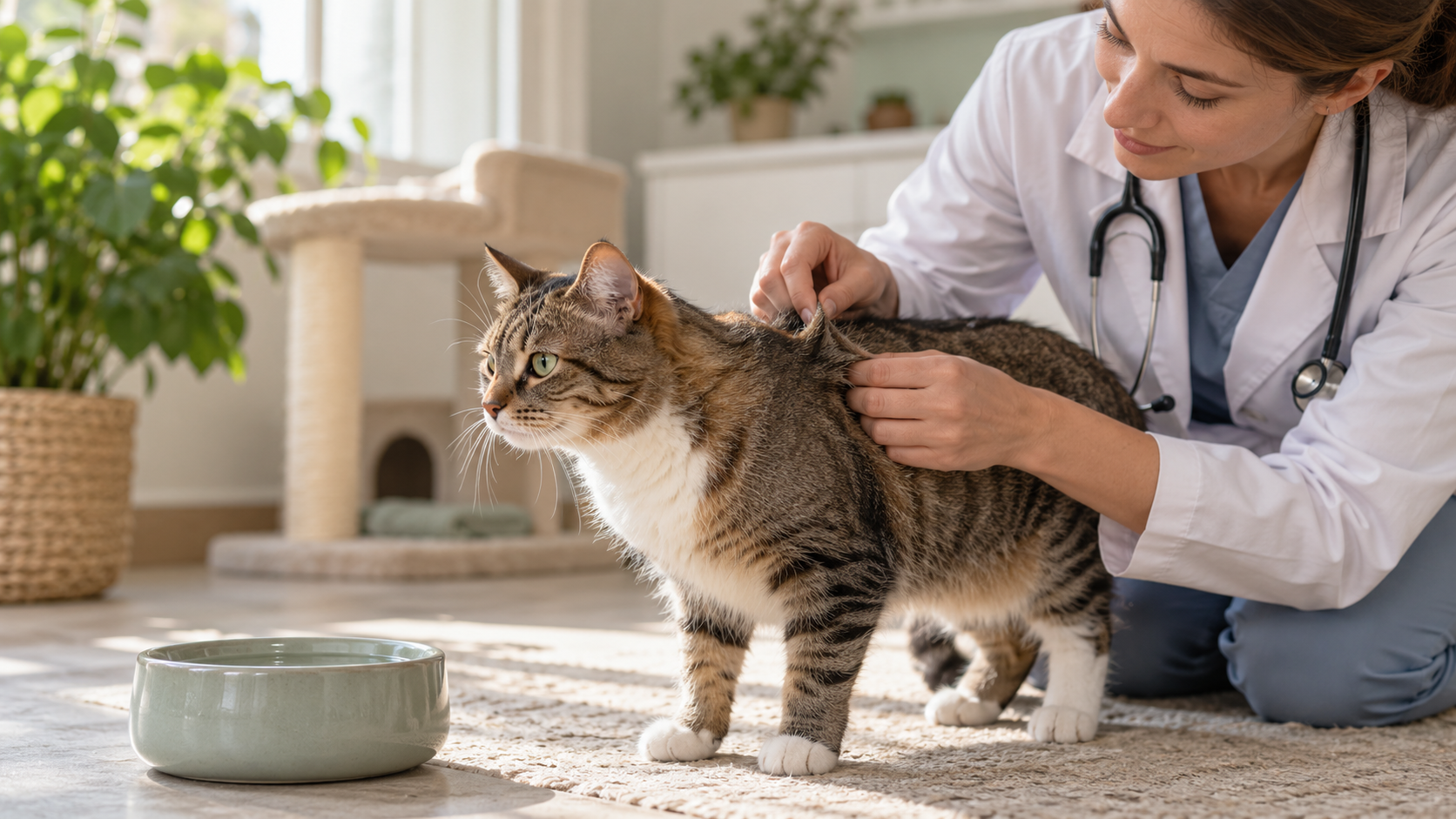Veterinarian gently checking a cat for dehydration beside a fresh water bowl