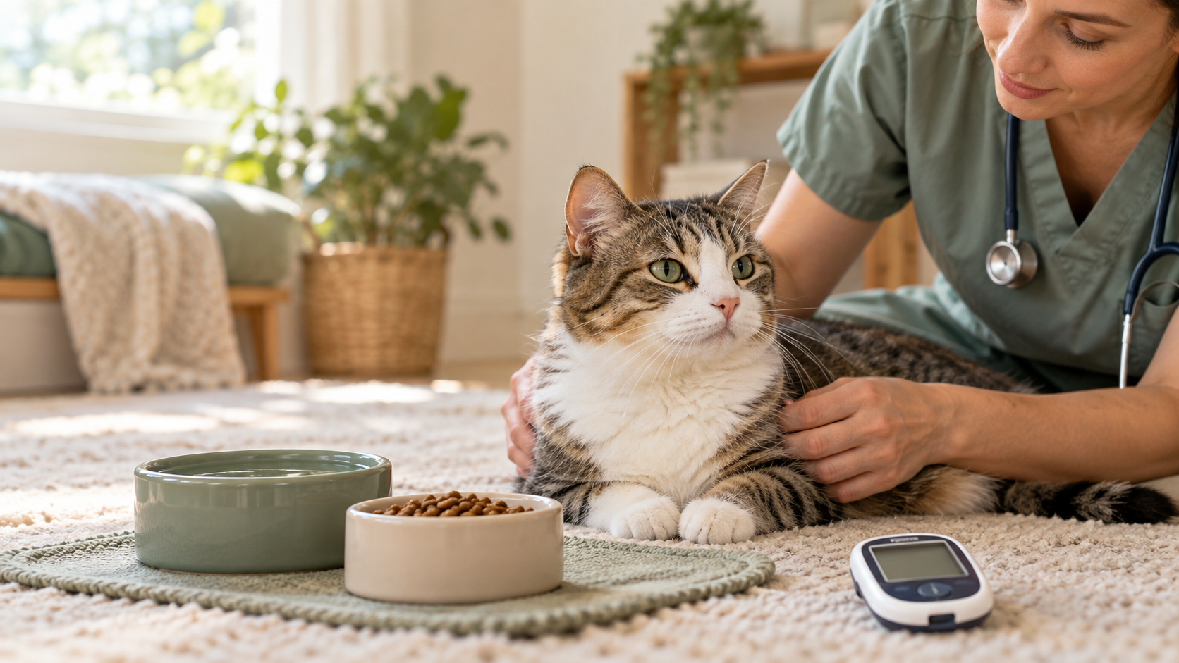 Cat receiving a calm wellness check beside measured food and water