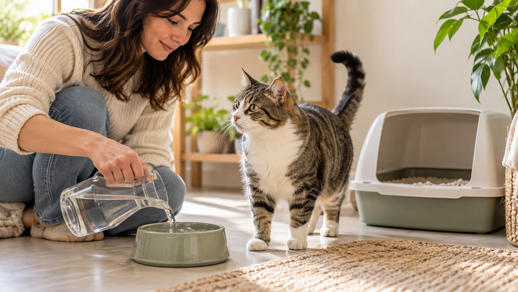 Cat beside a clean litter box and fresh water while its owner monitors hydration