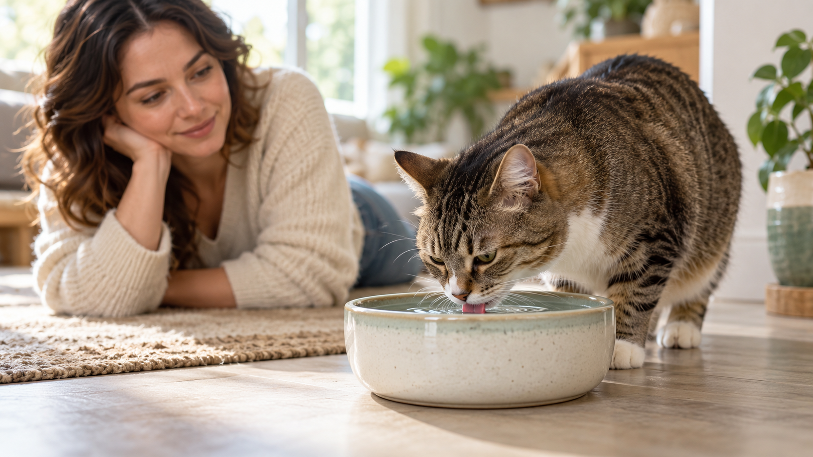 Adult cat drinking from a large ceramic water bowl while its owner observes