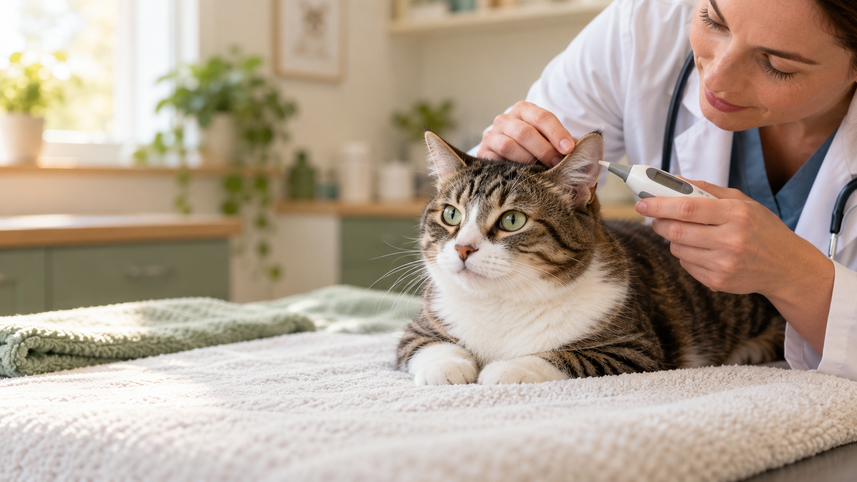 Quiet cat resting on an exam blanket while a veterinarian checks its temperature