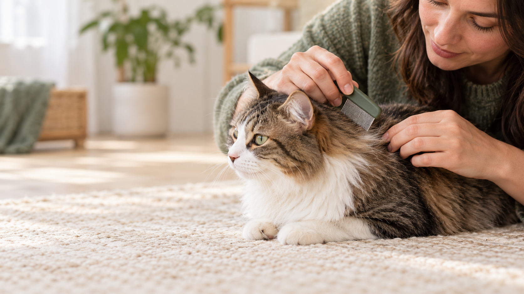 Owner carefully checking a calm cat with a fine flea comb