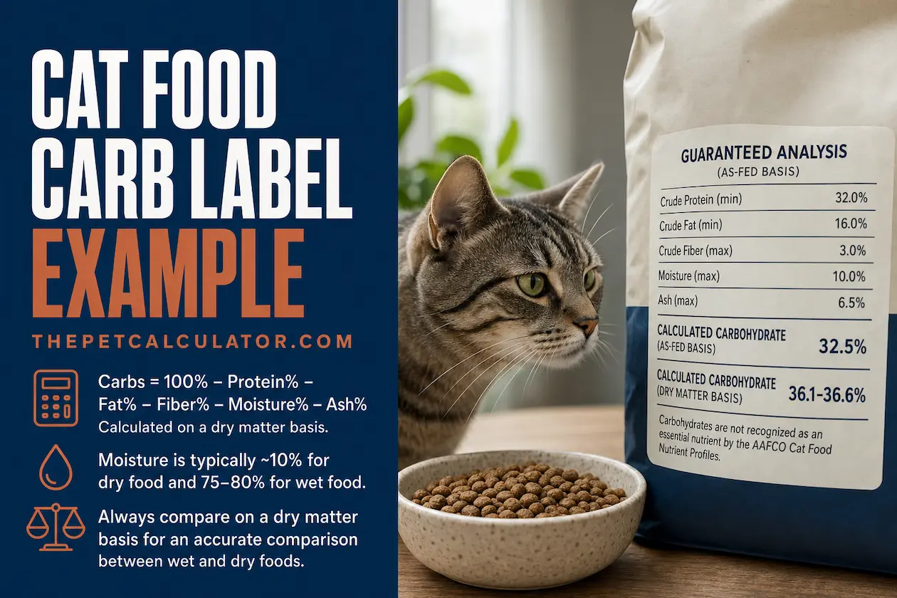 Example cat food guaranteed analysis label with carbohydrate values highlighted
