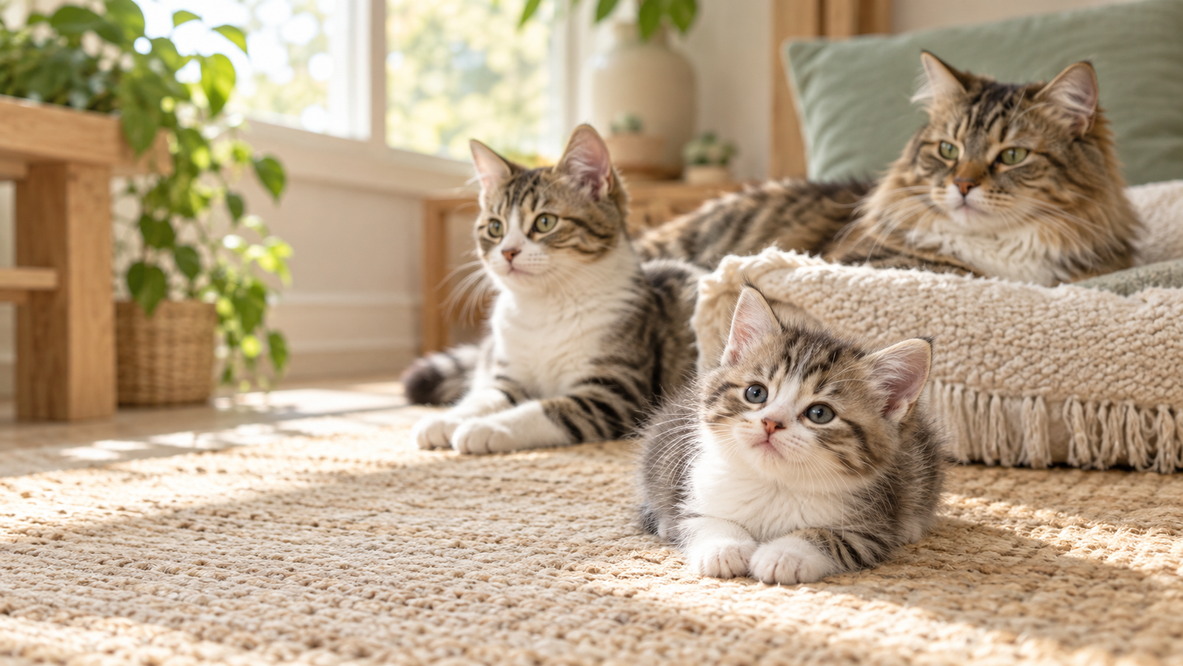 Kitten, adolescent cat, and adult cat showing natural growth stages