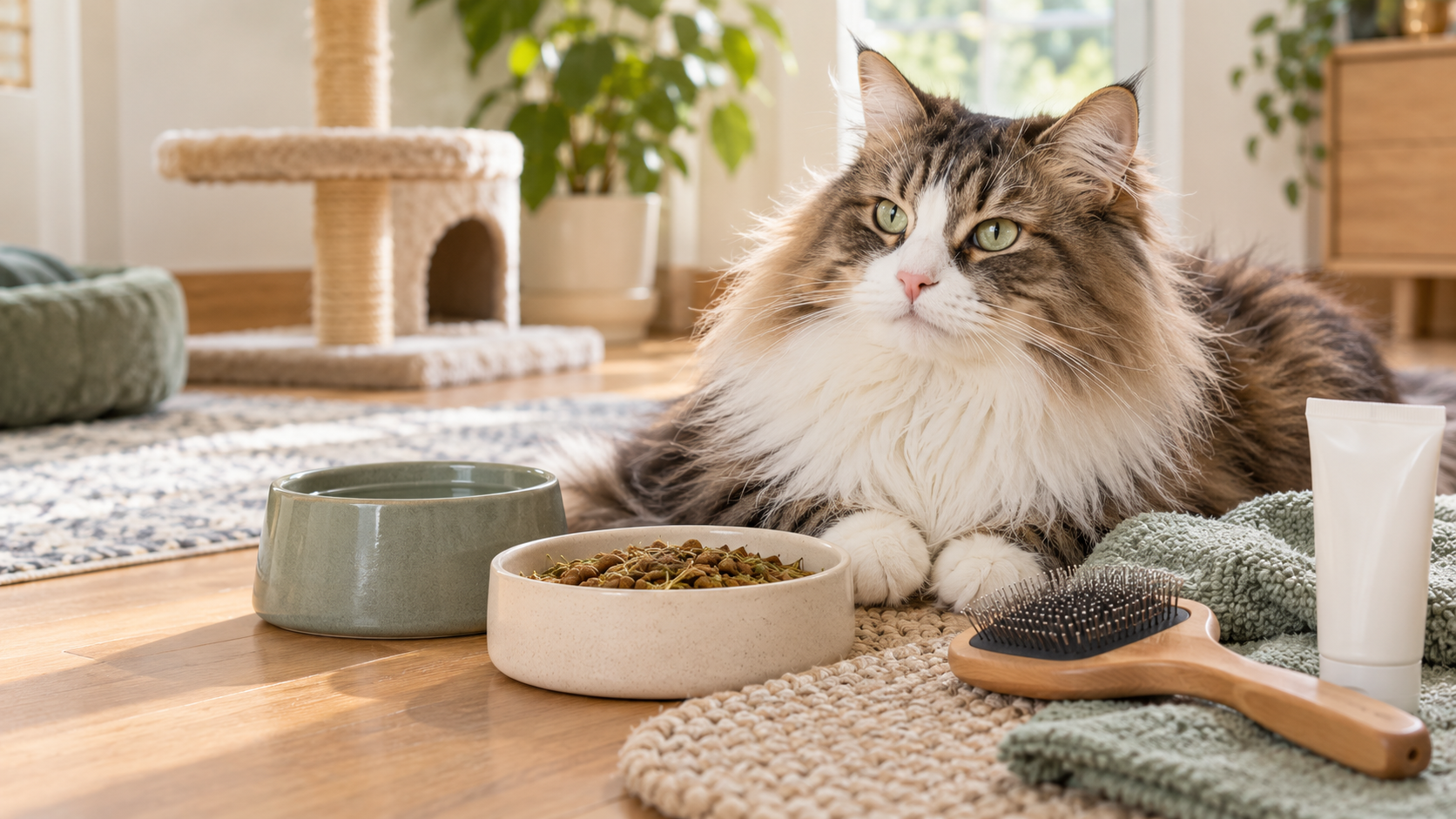 Long-haired cat beside grooming and hydration supplies used to manage hairballs