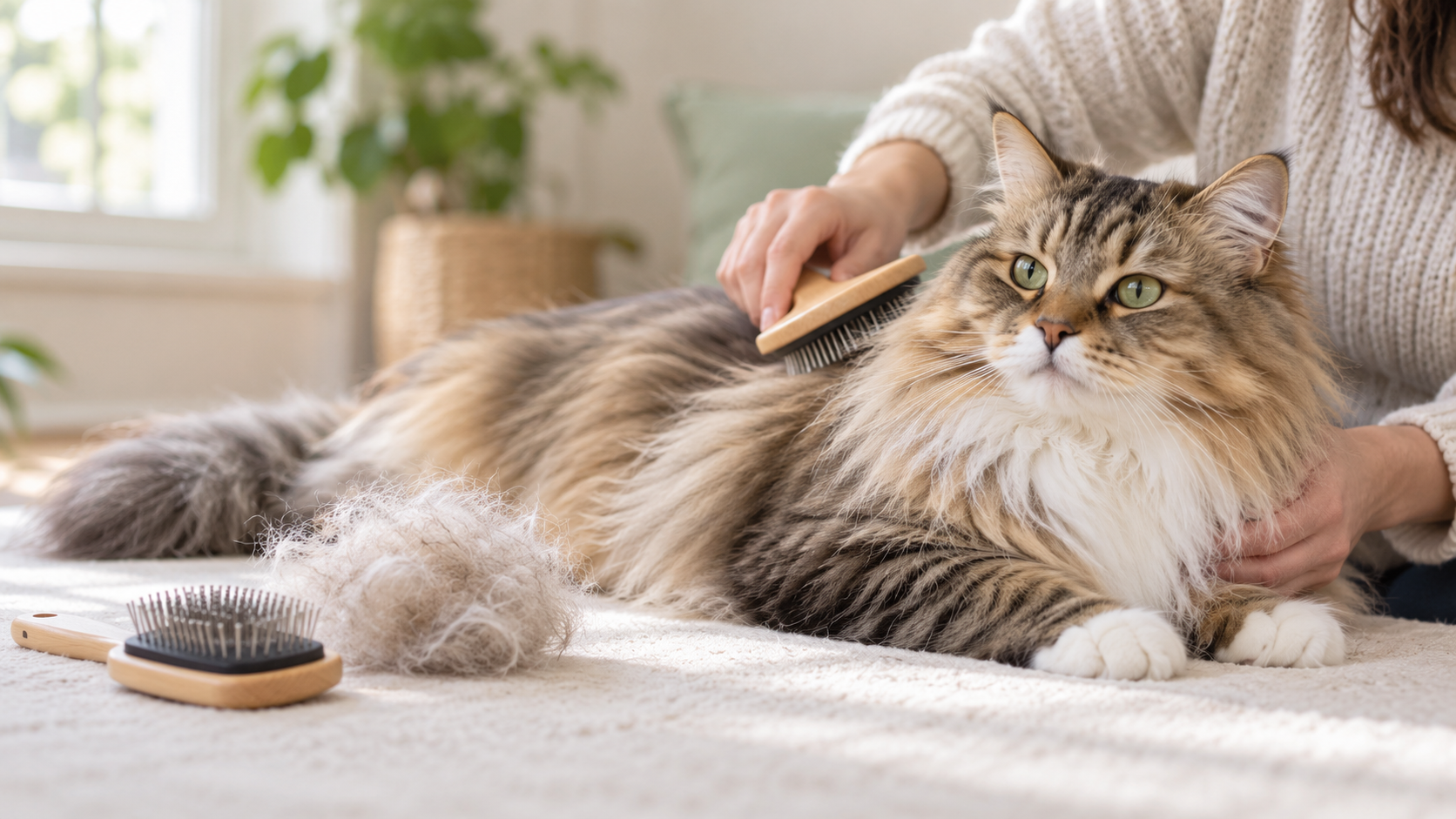 Long-haired cat being brushed beside a clean grooming brush and shed fur