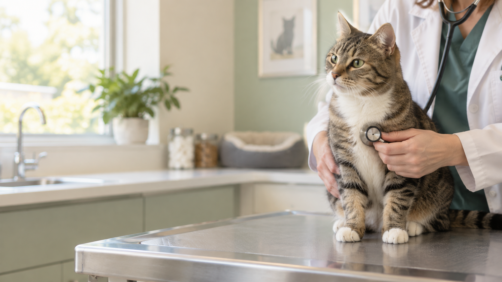 Veterinarian gently examining a healthy tabby cat with a stethoscope