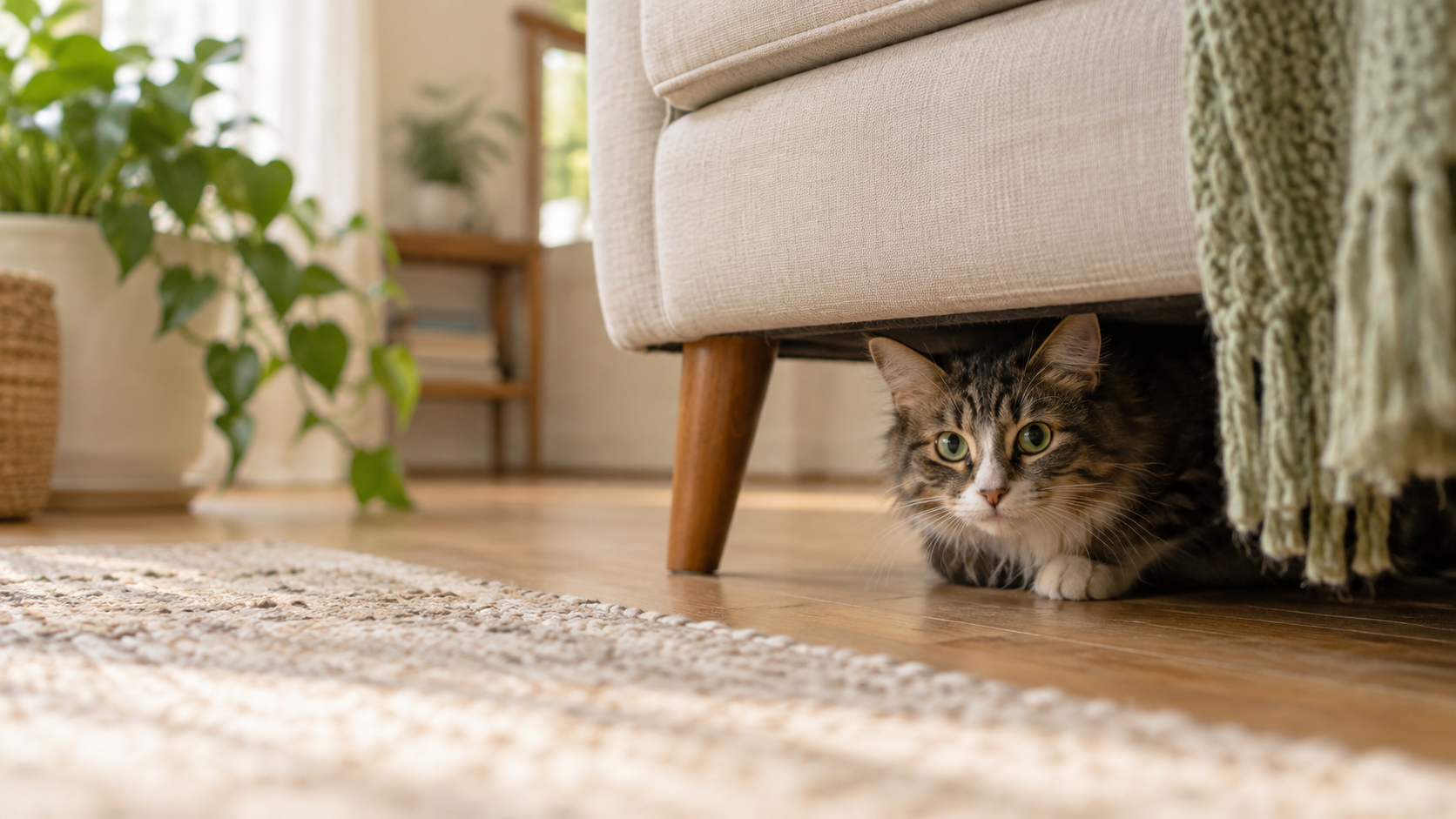 Alert cat peeking from a quiet hiding place beneath an upholstered chair