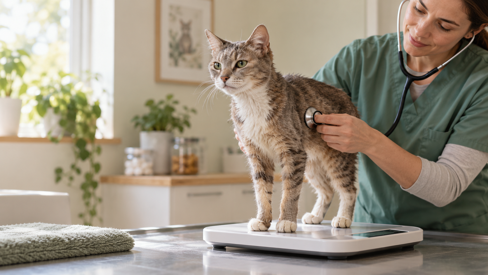 Slim senior cat receiving a veterinary weight and thyroid check