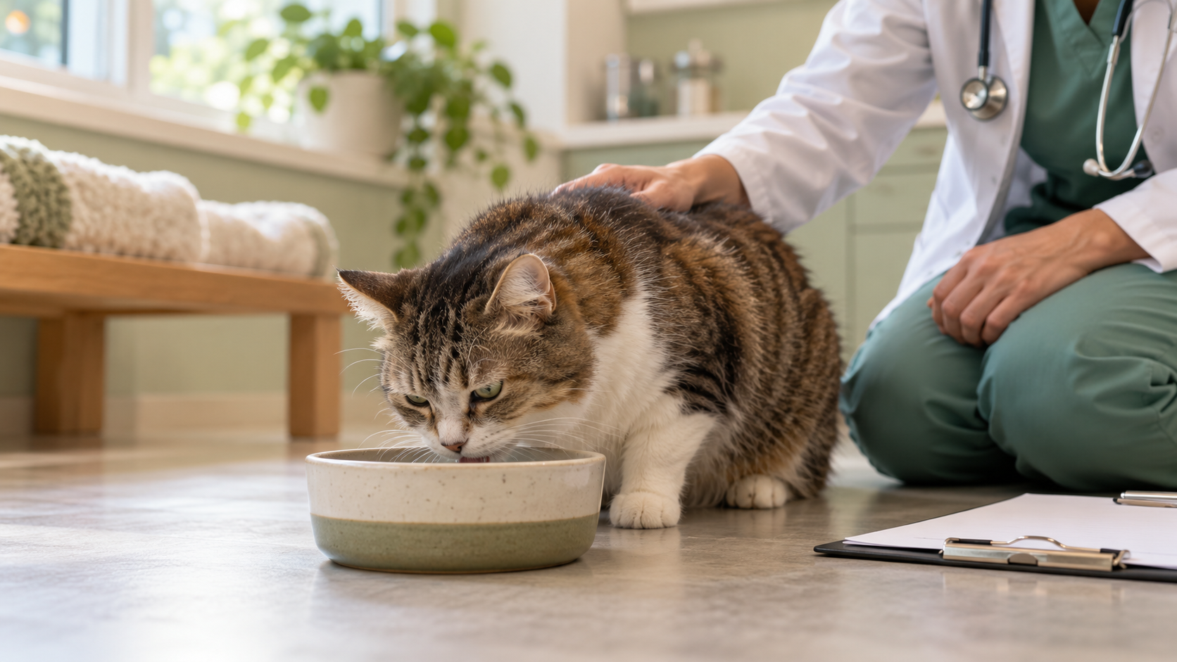 Senior cat drinking water during a calm veterinary consultation