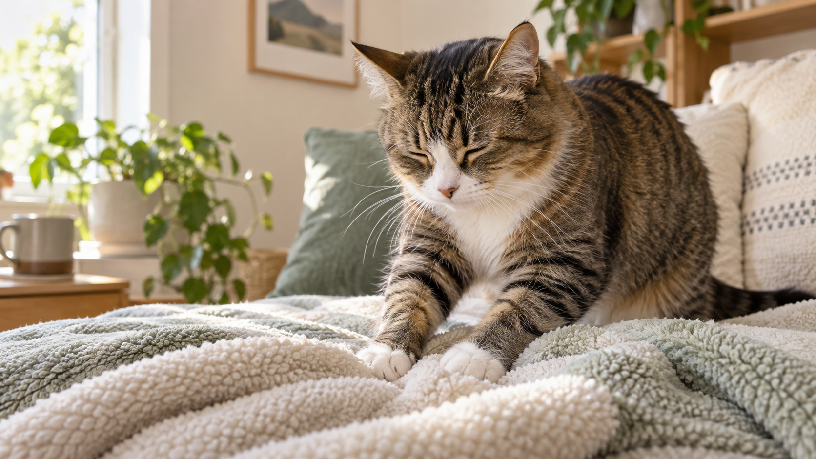 Relaxed cat kneading a soft folded blanket with its front paws