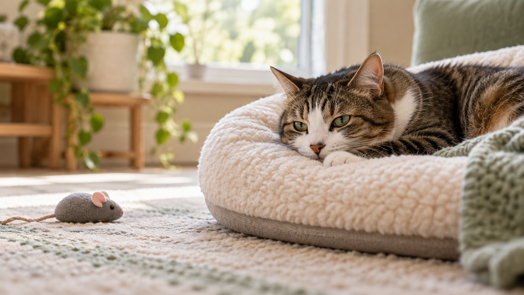 Low-energy cat resting unusually still beside an untouched toy
