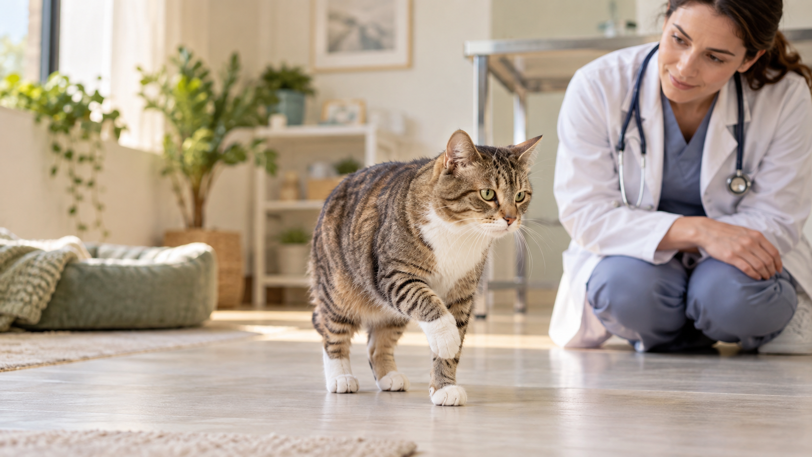 Cat walking cautiously with one front paw slightly raised