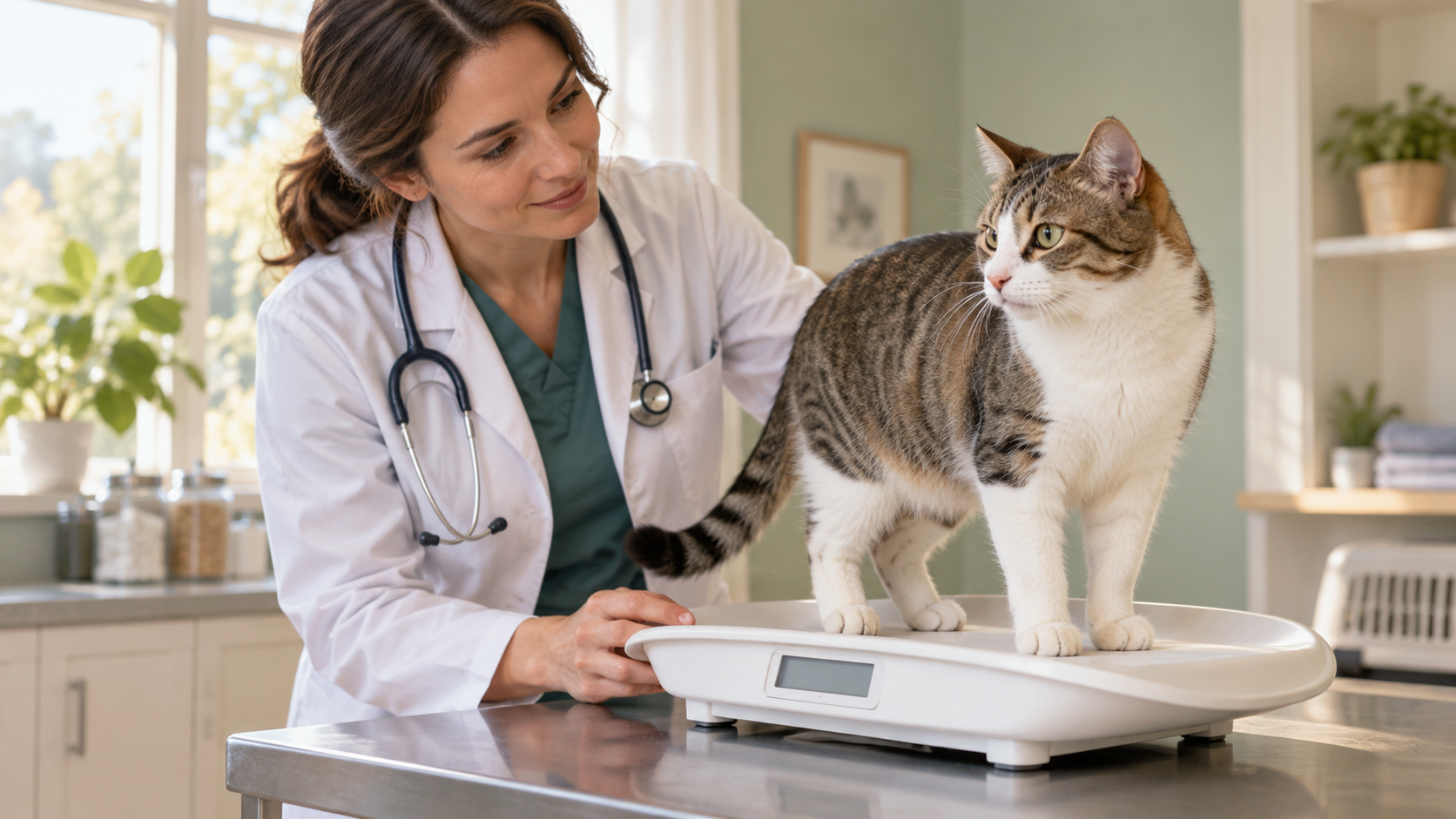 Slim adult cat being gently weighed on a veterinary scale