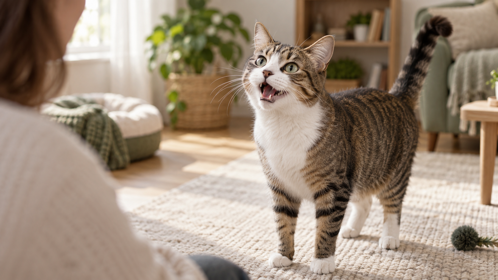 Attentive adult cat vocalizing with its mouth open mid-meow