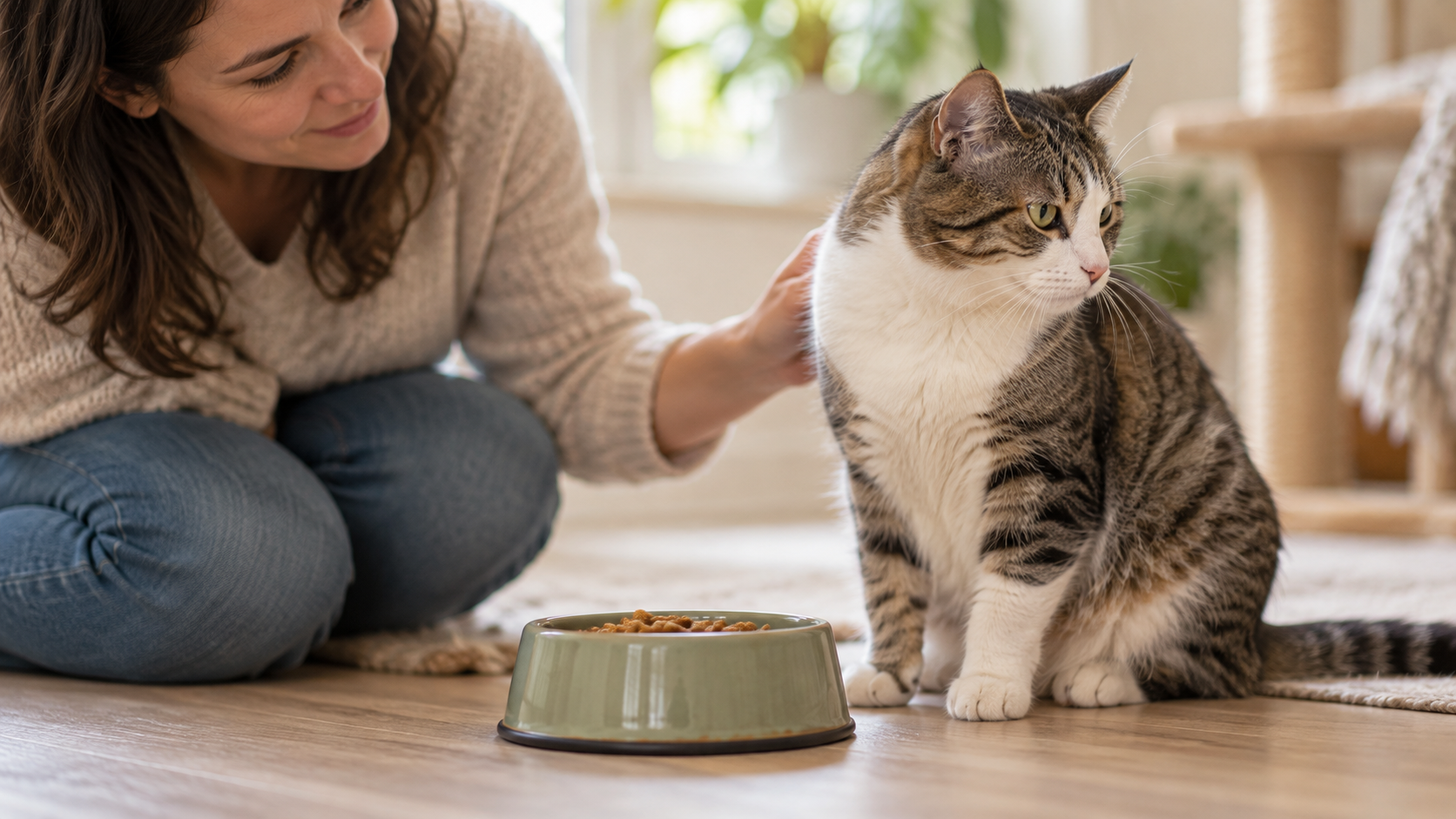 Cat turning away from a full food bowl while its owner offers reassurance