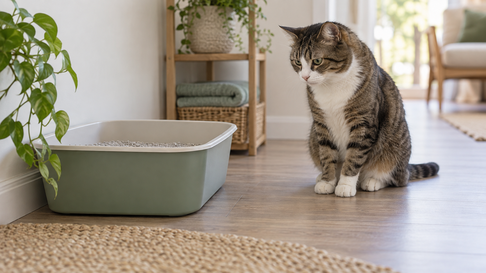 Hesitant cat sitting beside a clean uncovered litter box