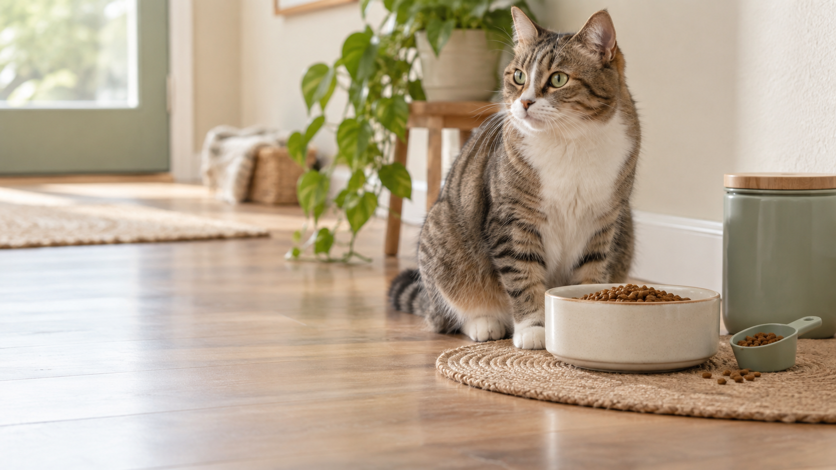 Healthy tabby cat beside a measured meal, food scoop, and storage container