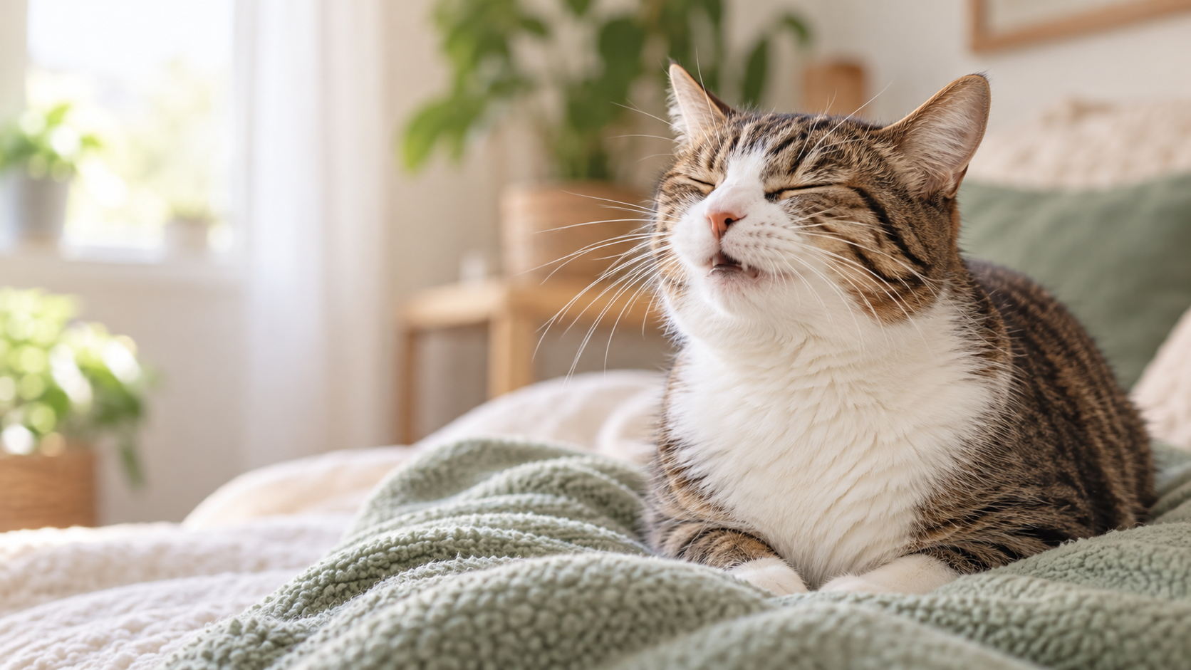 Comfortable cat caught in a gentle sneeze while resting on a clean blanket