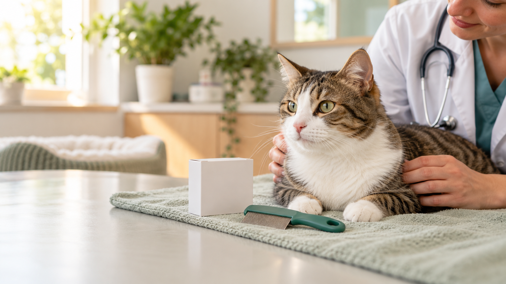 Cat at a parasite-treatment consultation beside unlabeled medicine and a flea comb