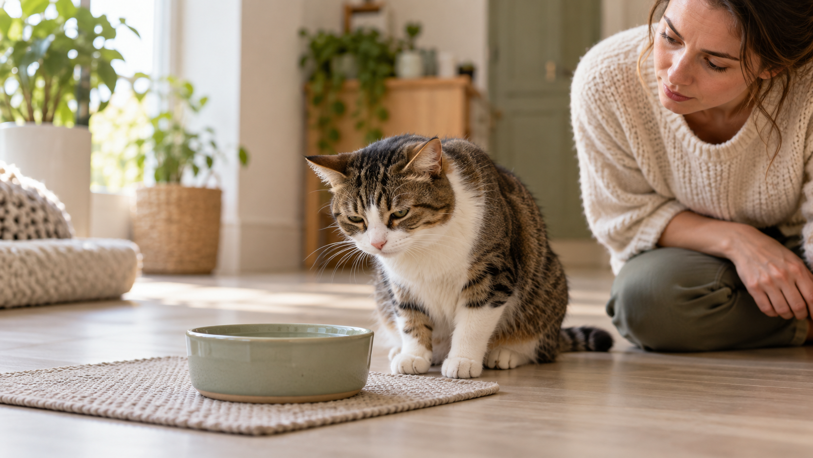 Mildly nauseated cat beside a clean mat and water bowl while its owner watches